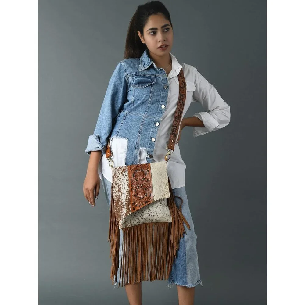 Leather Cross Body Bag Women Hand-Tooled Floral Suede Fringes Adjustable